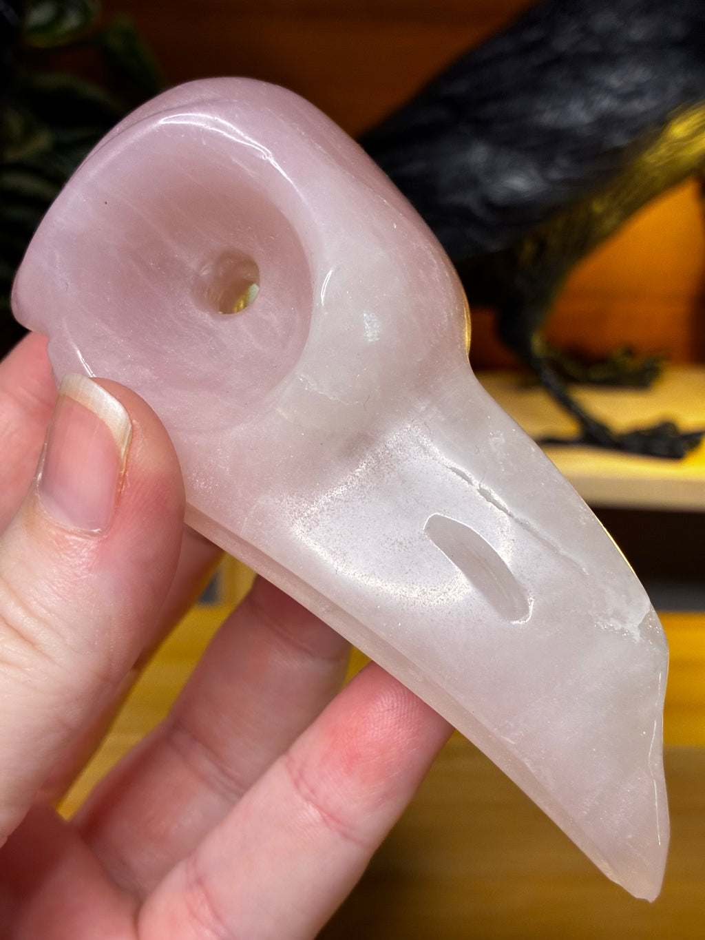 Rose Quartz Raven Skull