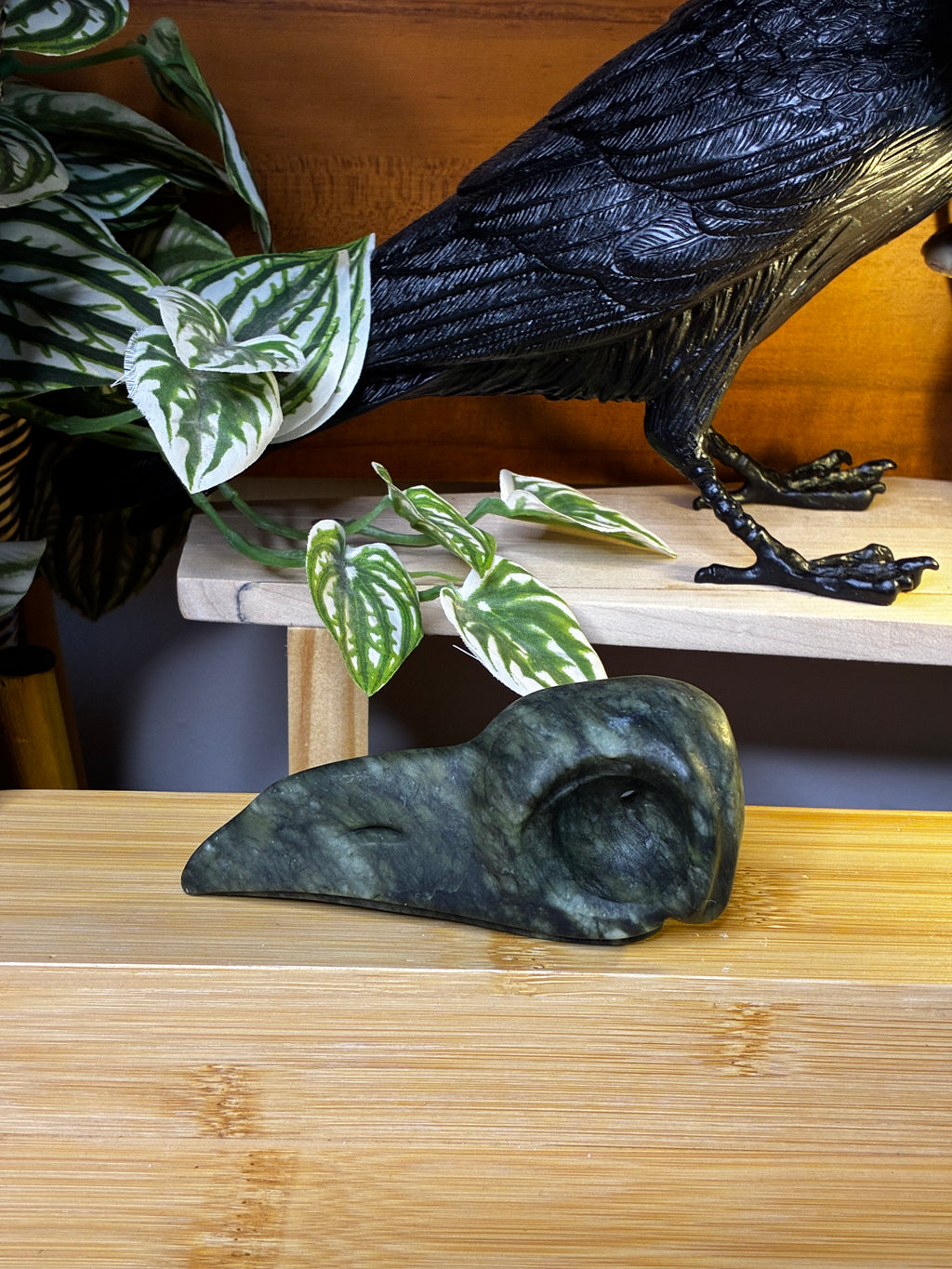 Serpentine Jade Raven Skull
