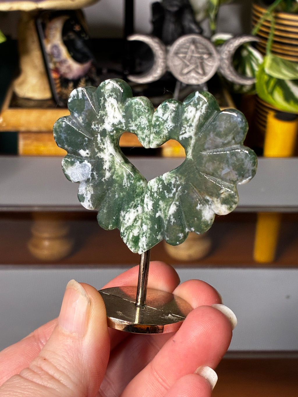 Moss Agate Heart on Stand