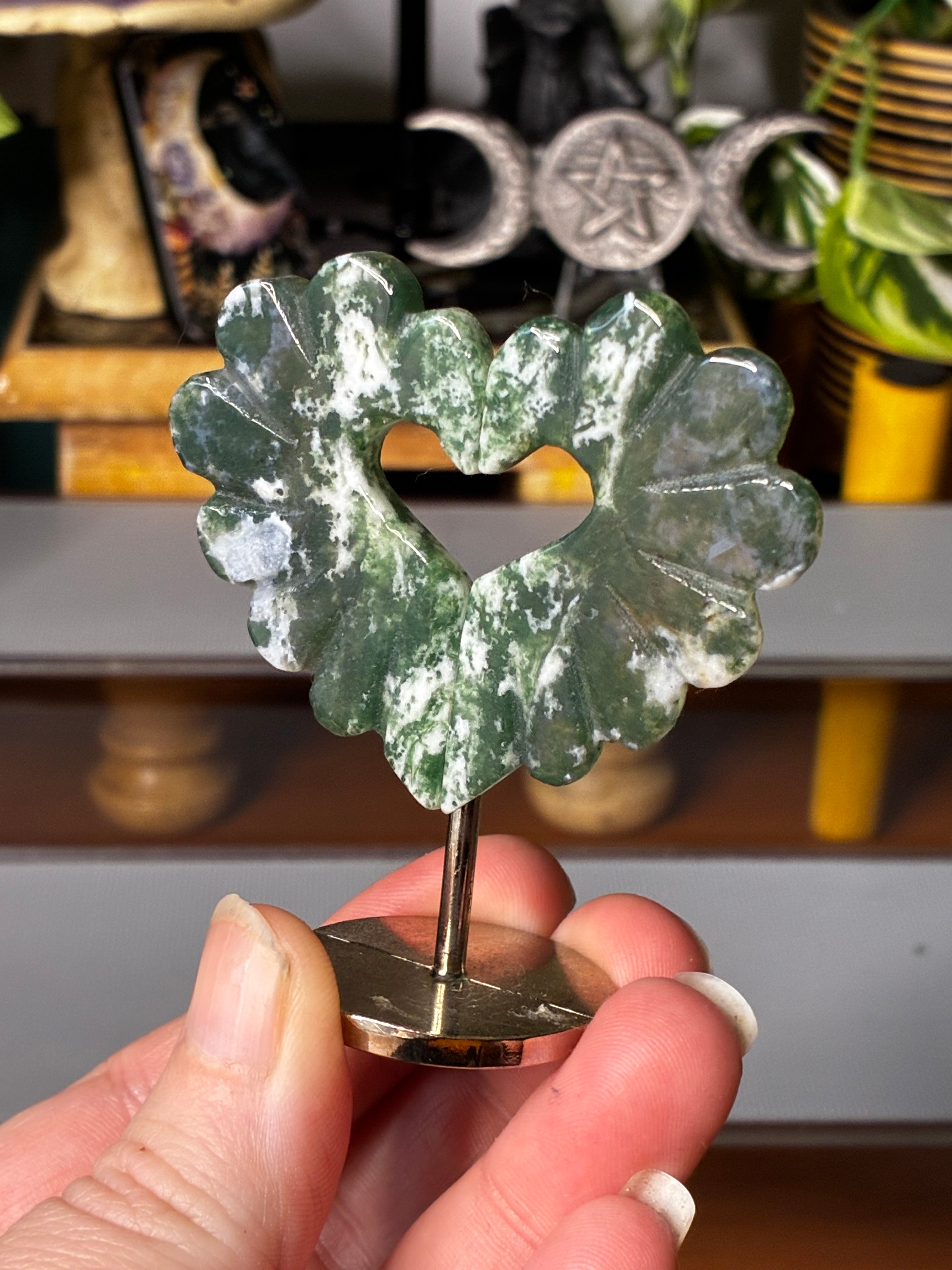 Moss Agate Heart on Stand