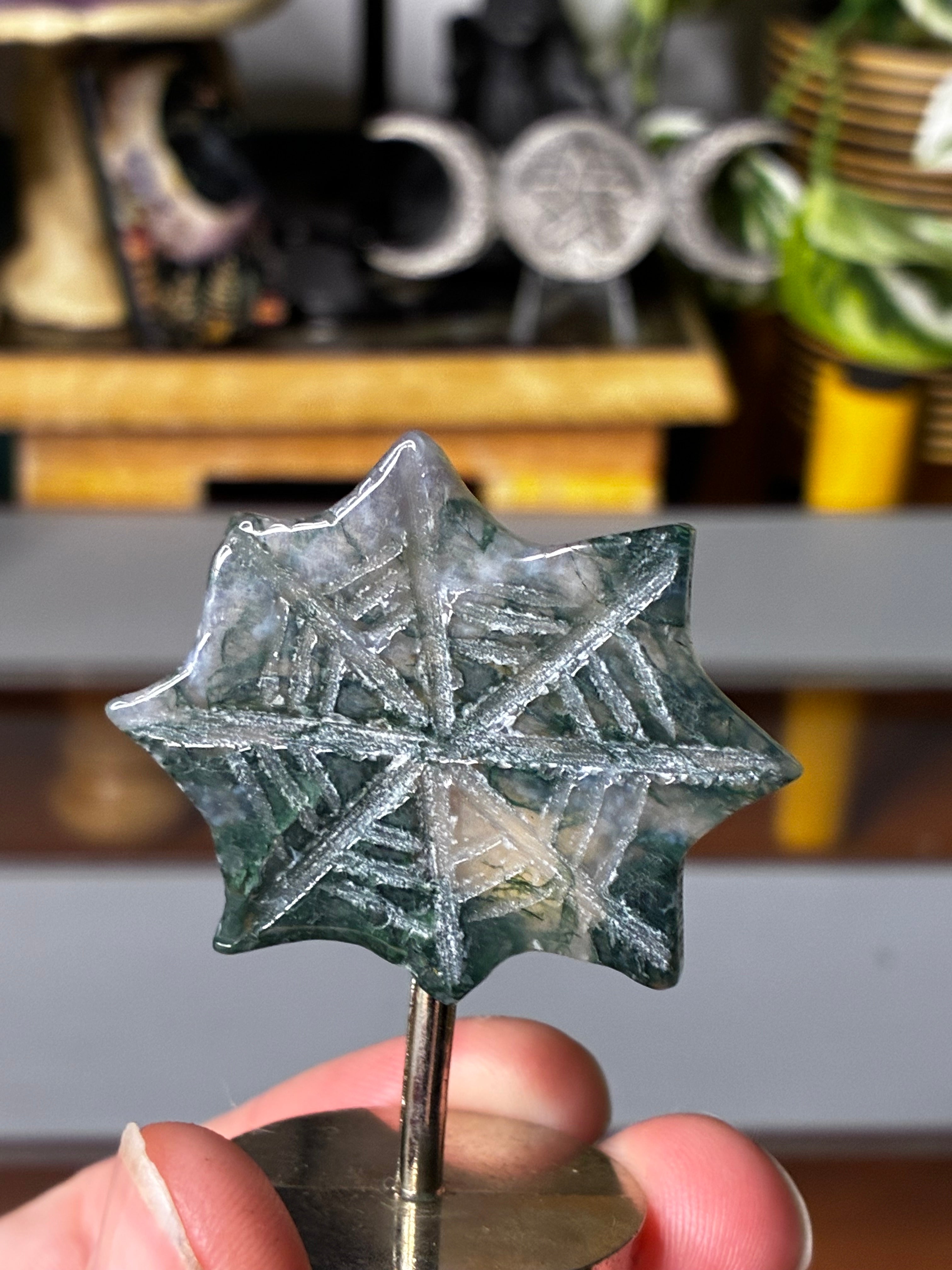 Moss Agate Spider Web on Stand