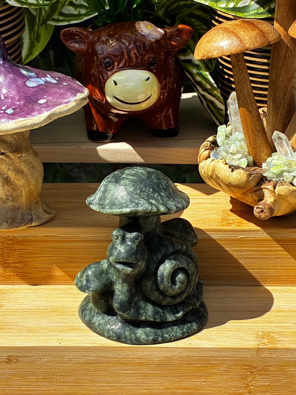 Green Jade Carving Mushroom Snail 🐌