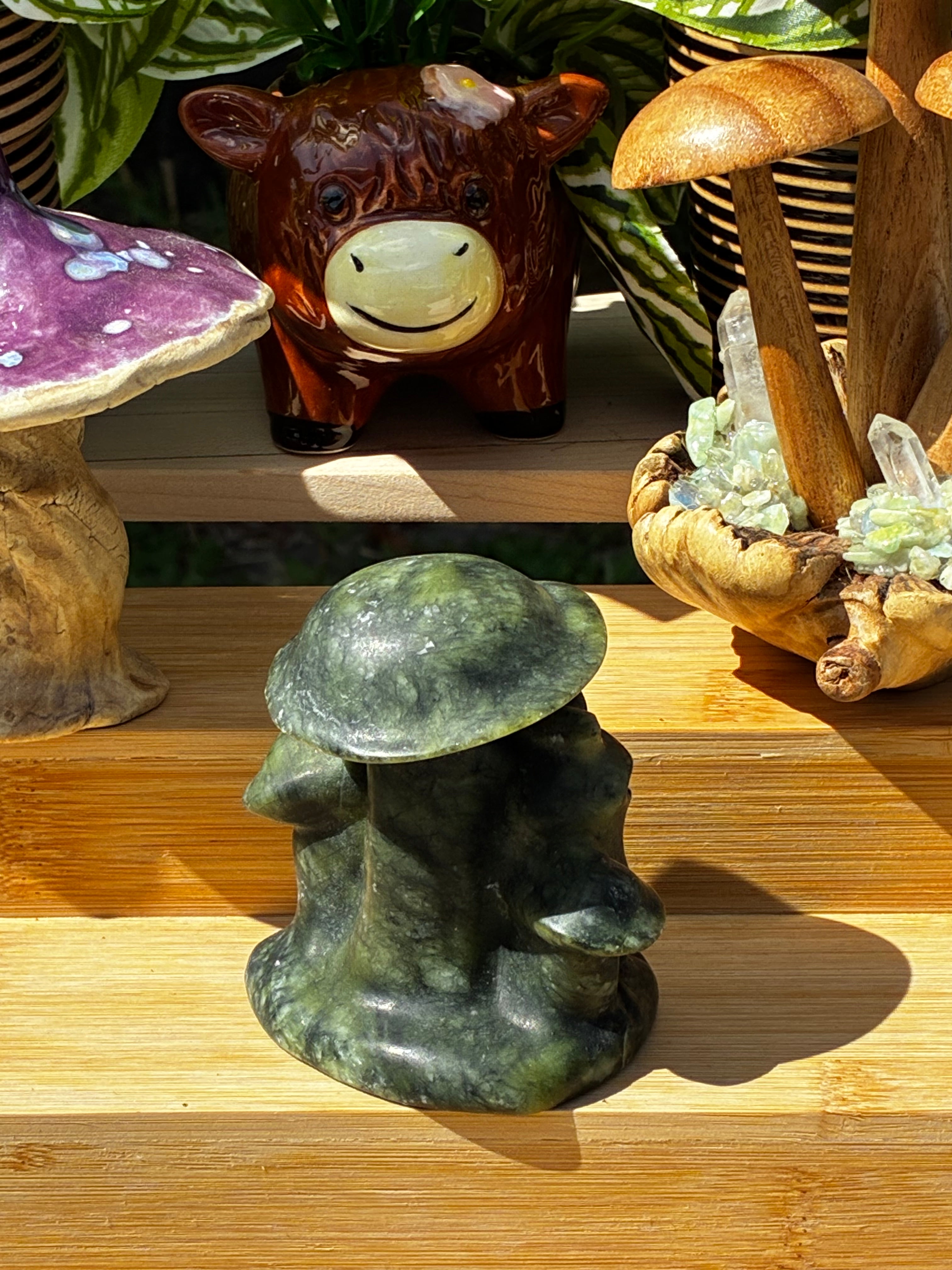 Green Jade Mushroom Snail Carving