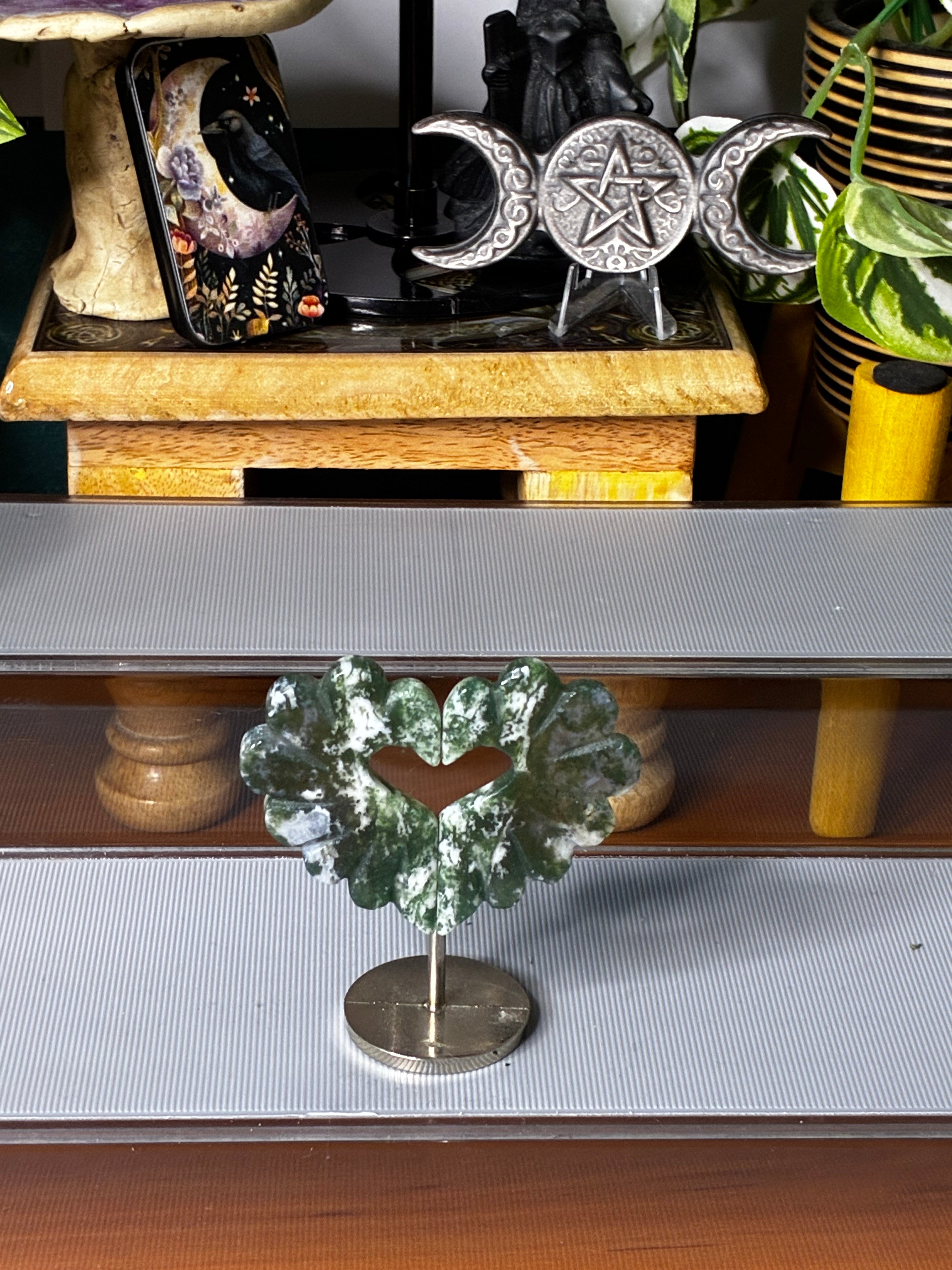 Moss Agate Heart on Stand