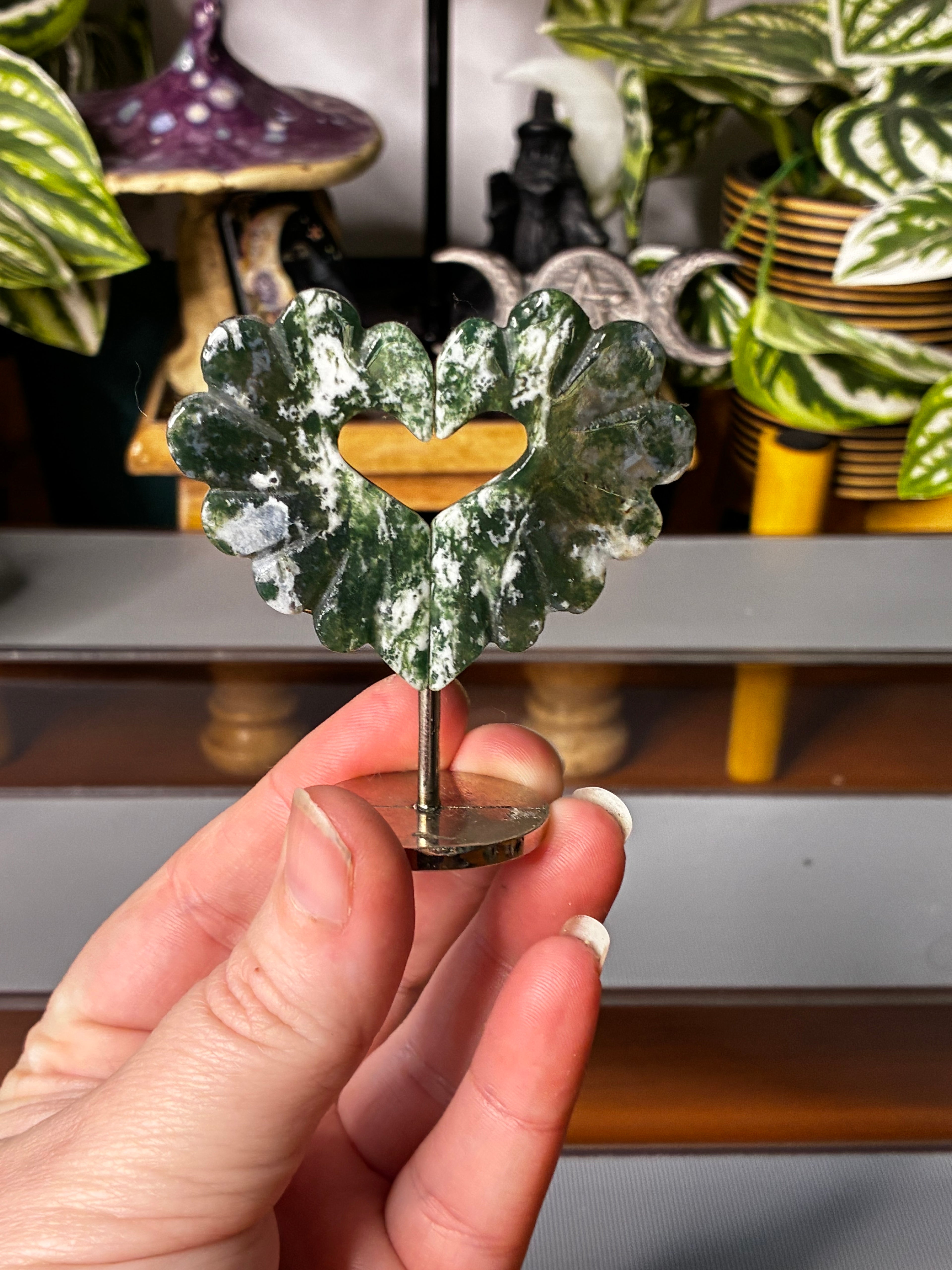 Moss Agate Heart on Stand