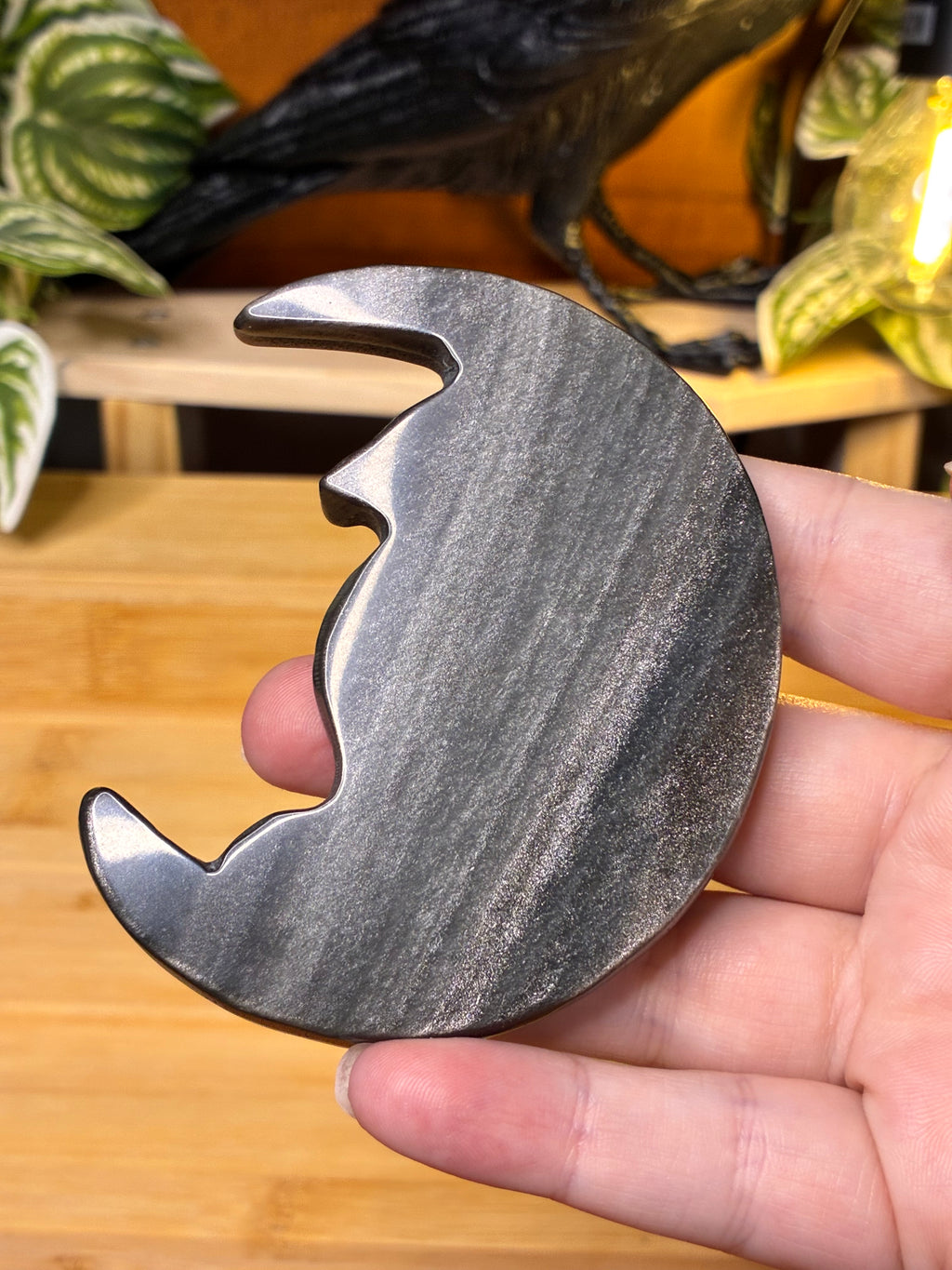 Silver Sheen Obsidian Dragon on Moon Carving