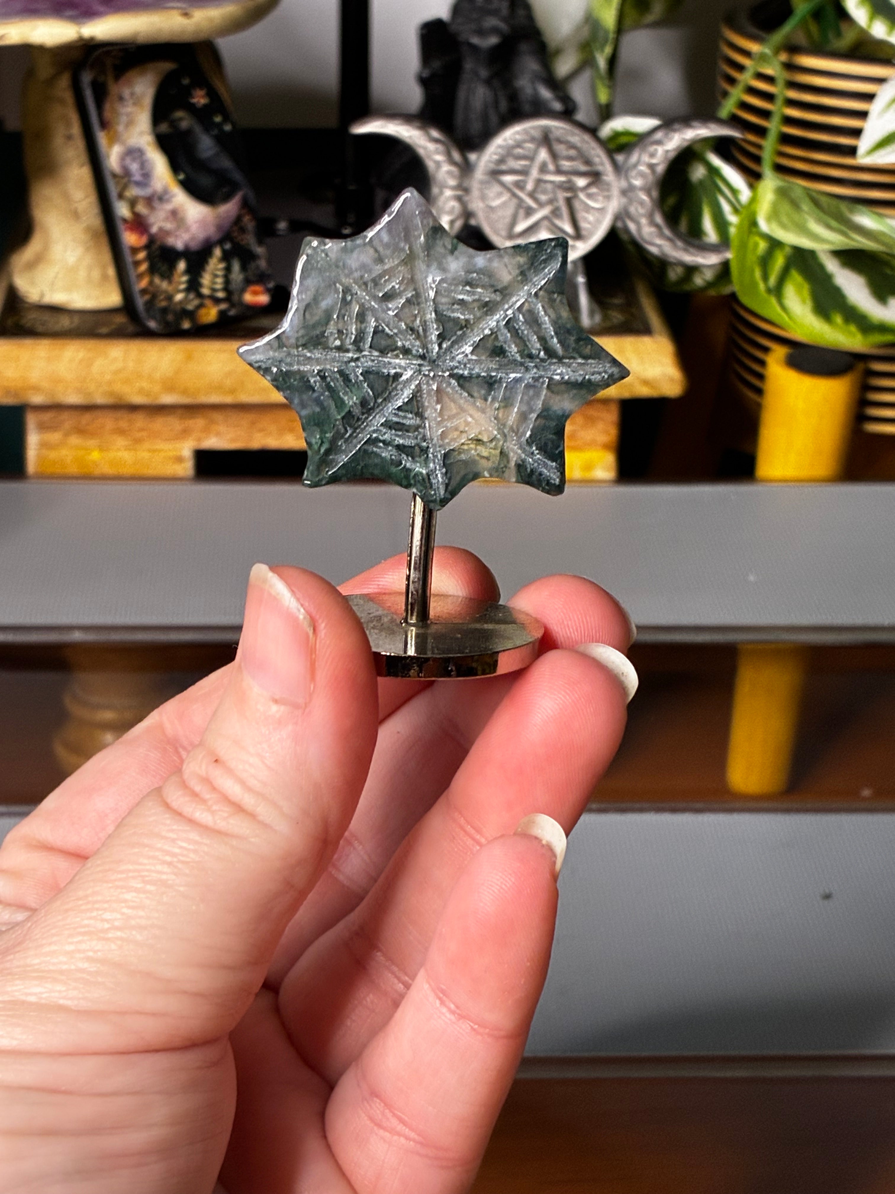 Moss Agate Spider Web on Stand