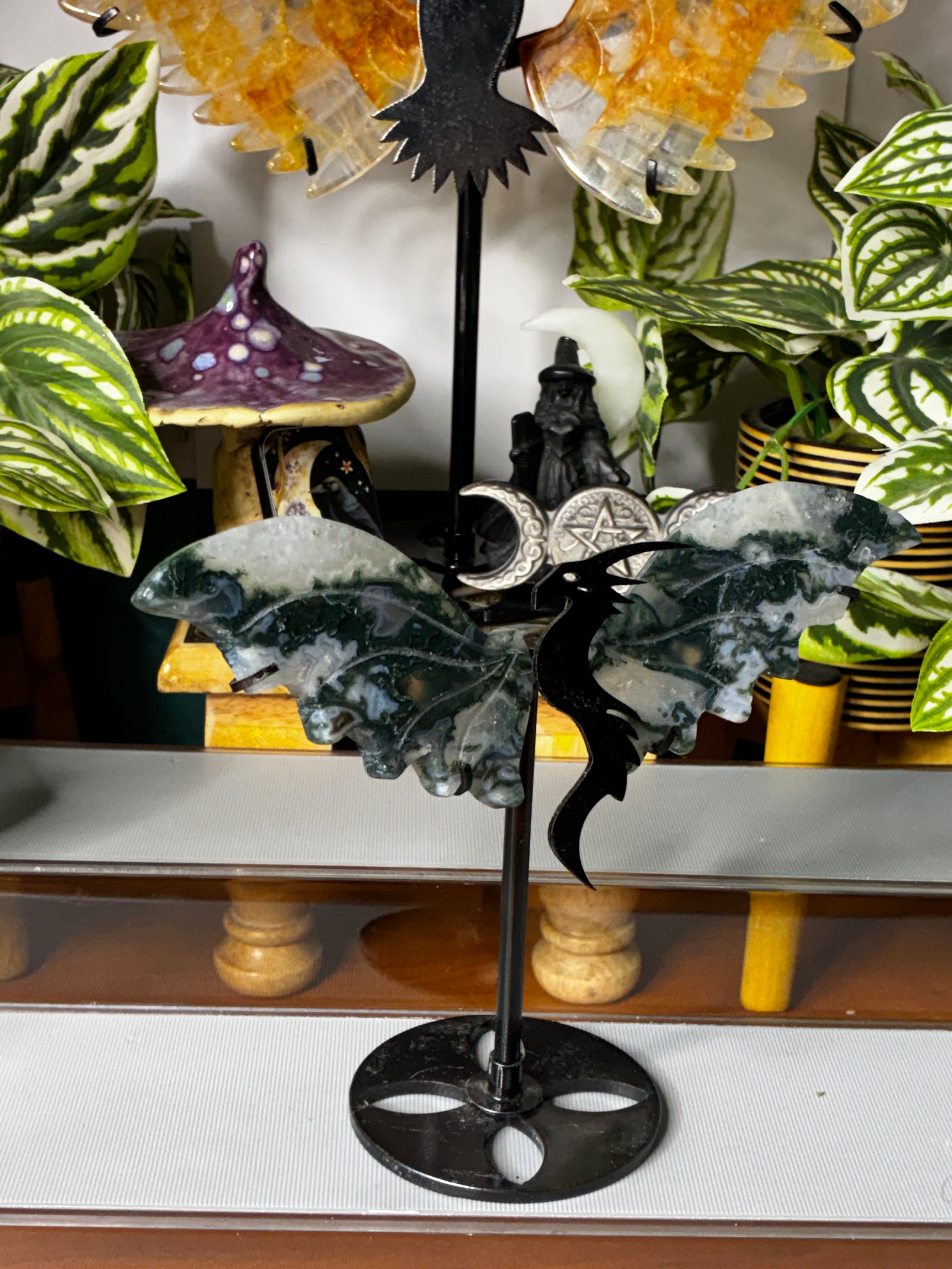 Moss Agate Dragon Wing Set on Stand