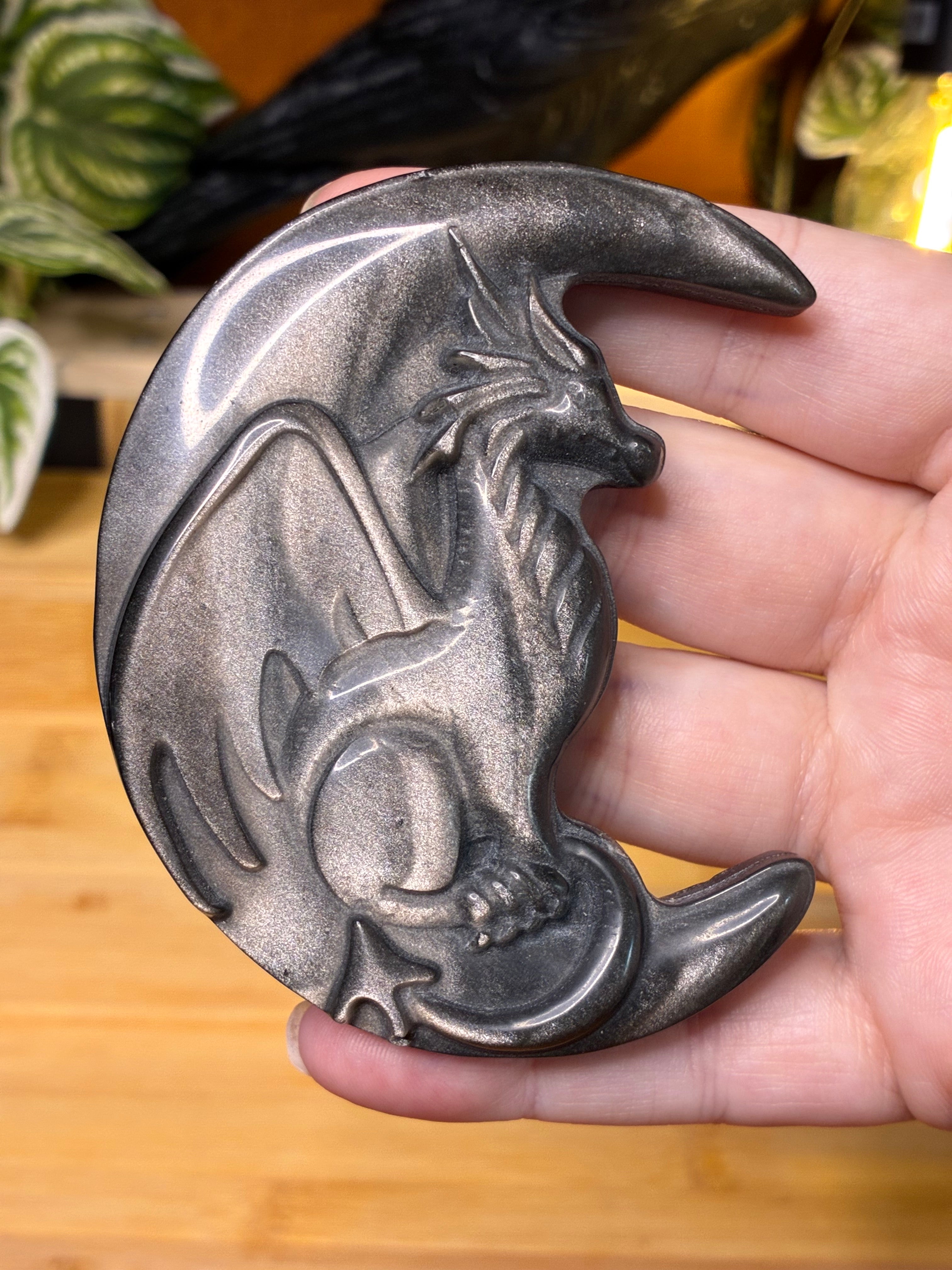 Silver Sheen Obsidian Dragon on Moon Carving