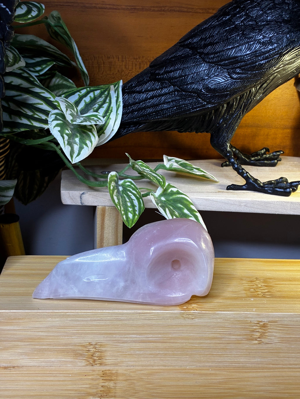Rose Quartz Raven Skull