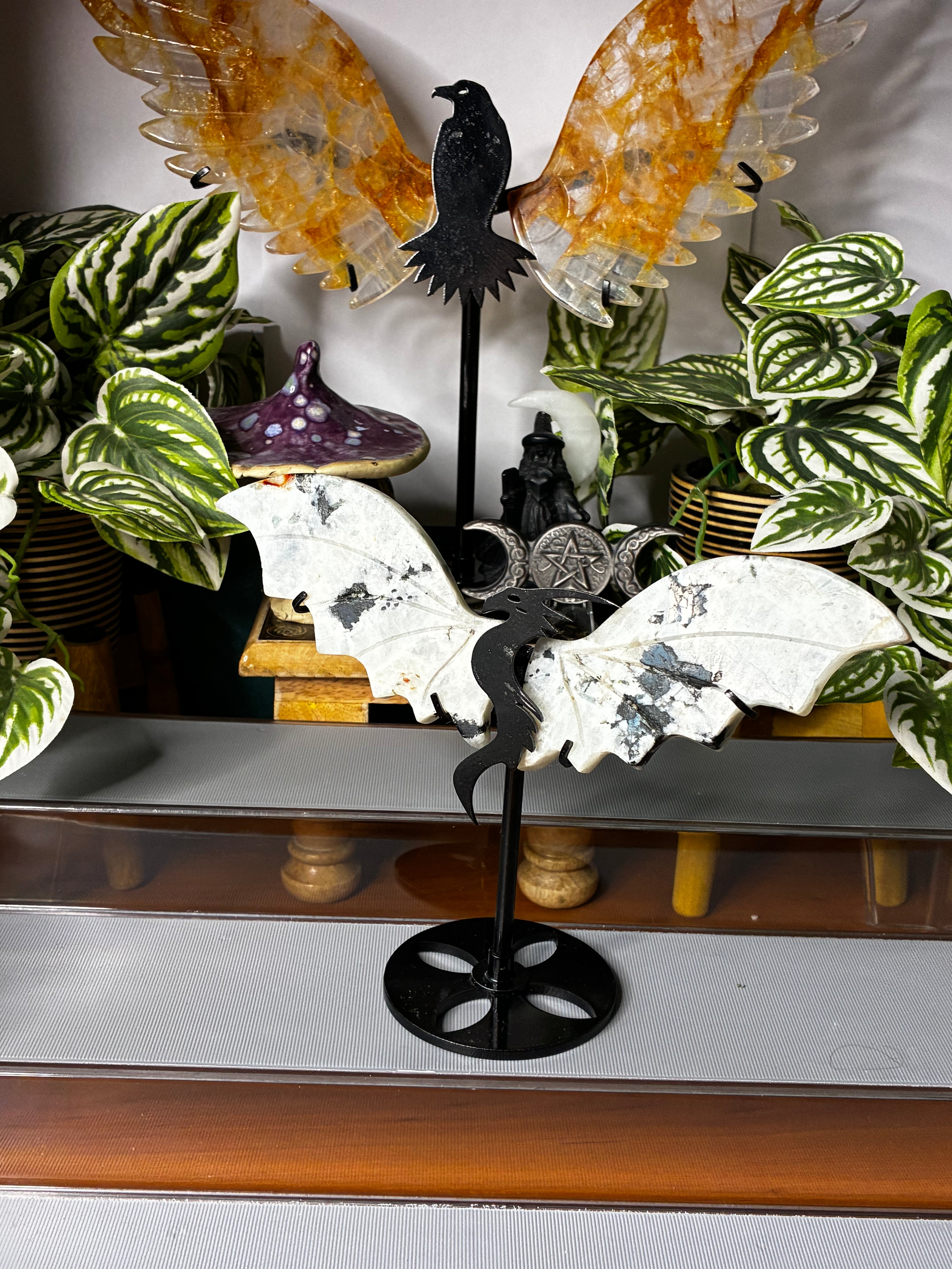Rainbow Moonstone with Black Tourmaline Dragon Wings on Display Stand