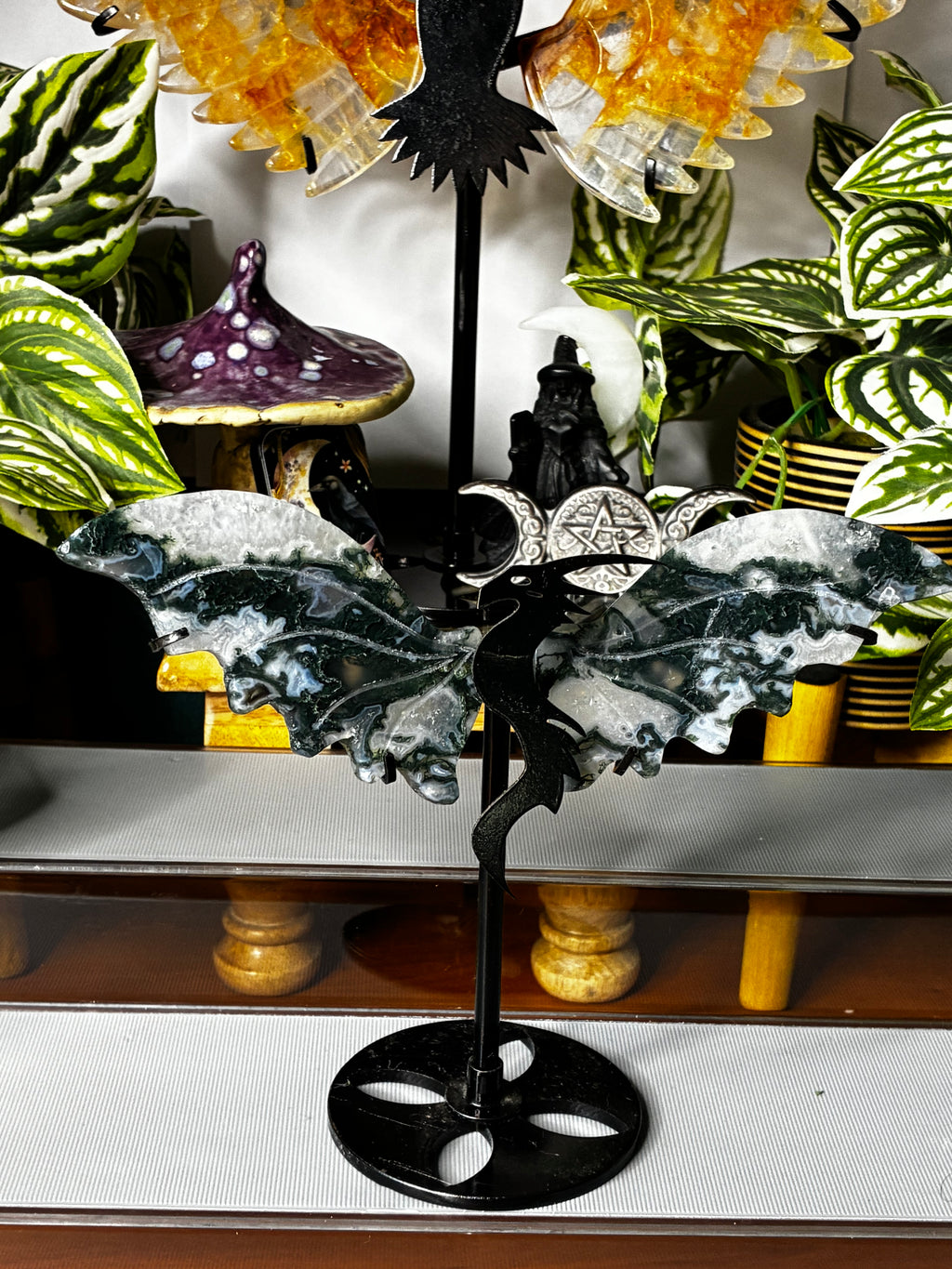 Moss Agate Dragon Wing Set on Stand