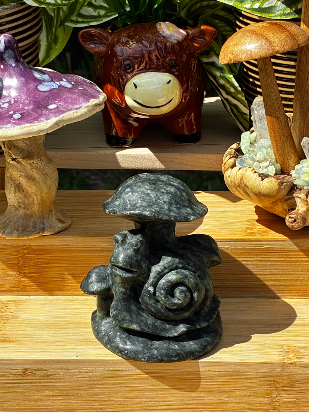 Green Jade Mushroom Snail Carving
