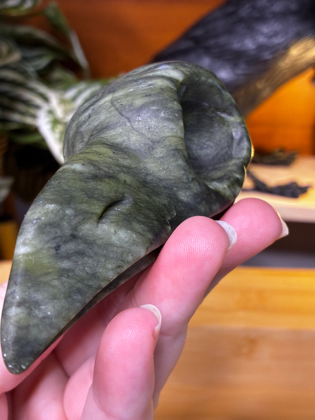 Serpentine Jade Raven Skull