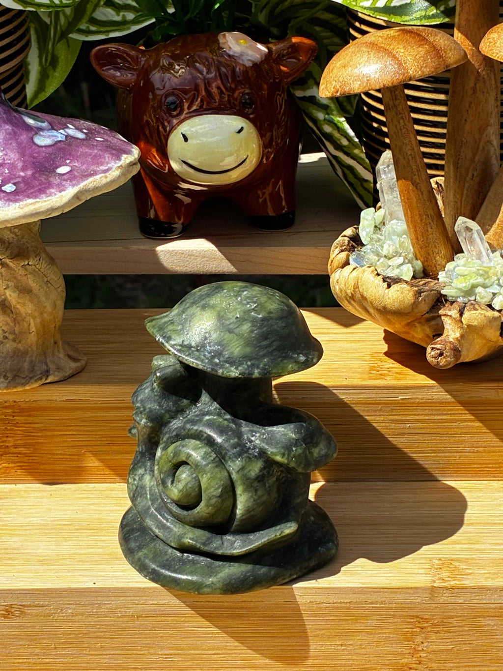 Green Jade Mushroom Snail Carving