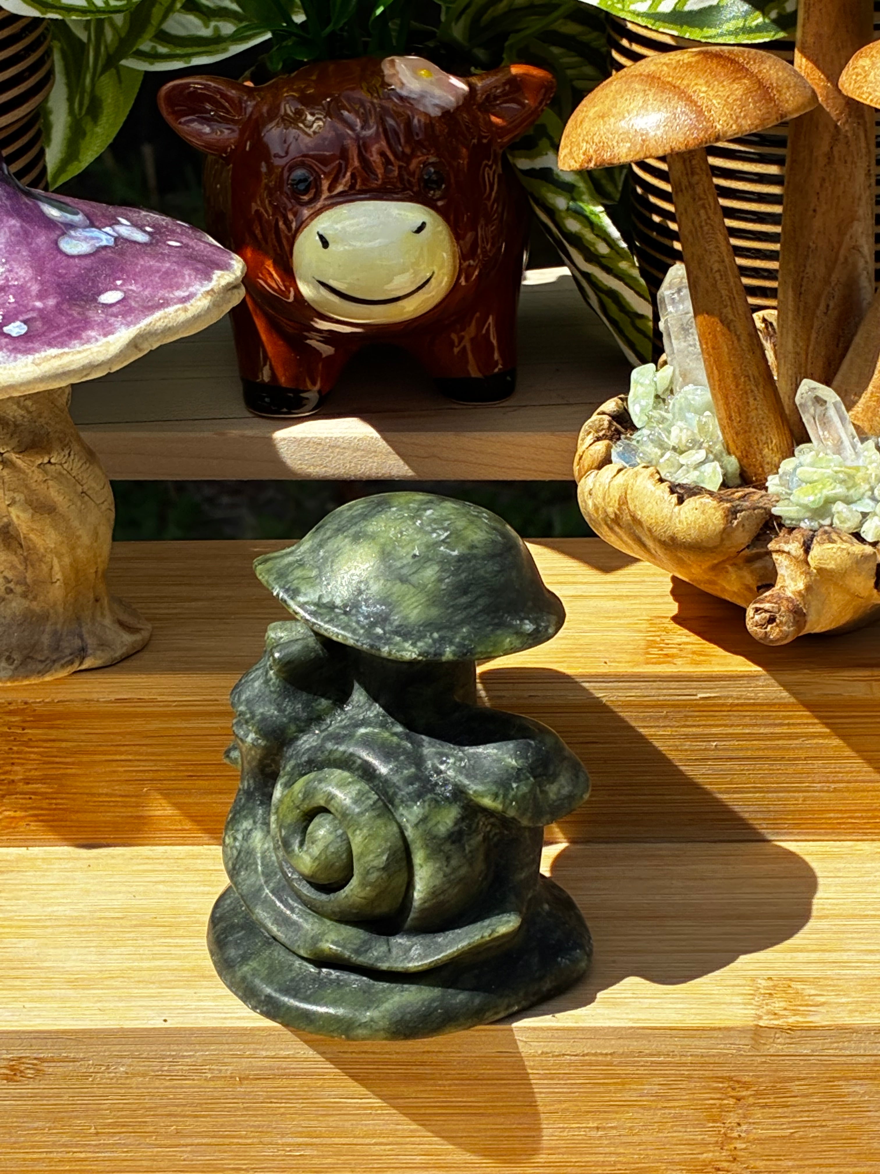 Green Jade Mushroom Snail Carving