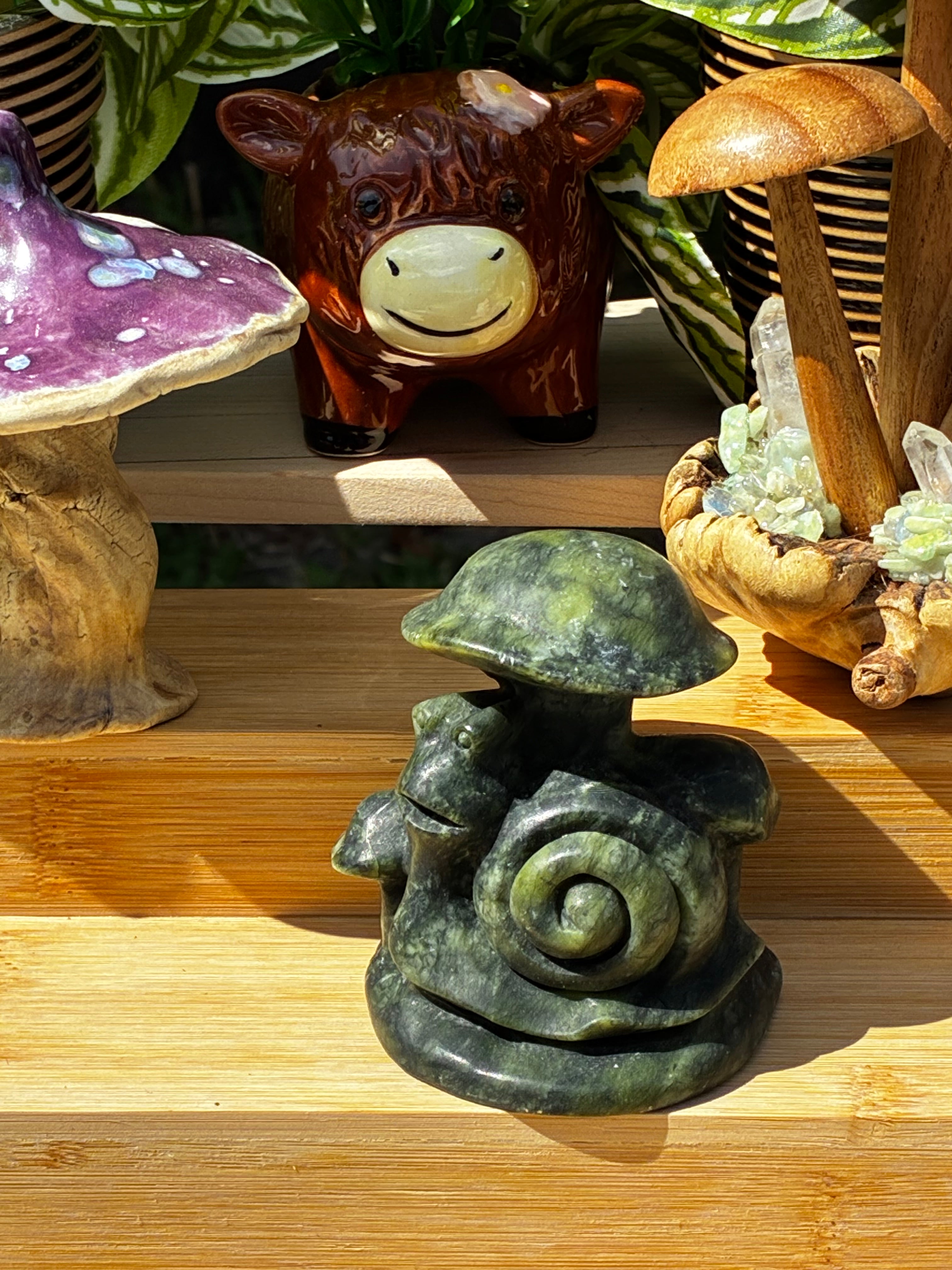 Green Jade Mushroom Snail Carving