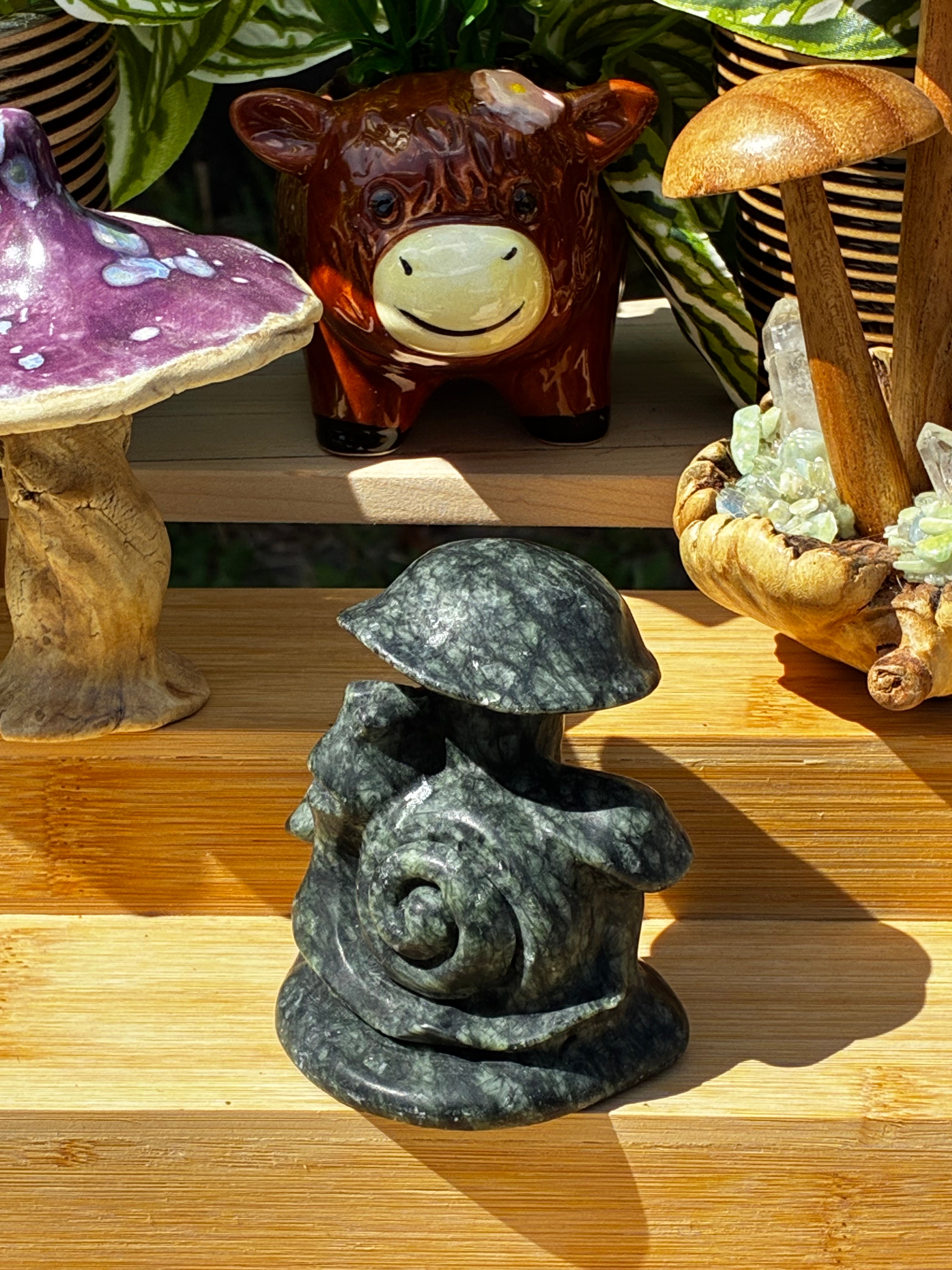 Green Jade Mushroom Snail Carving