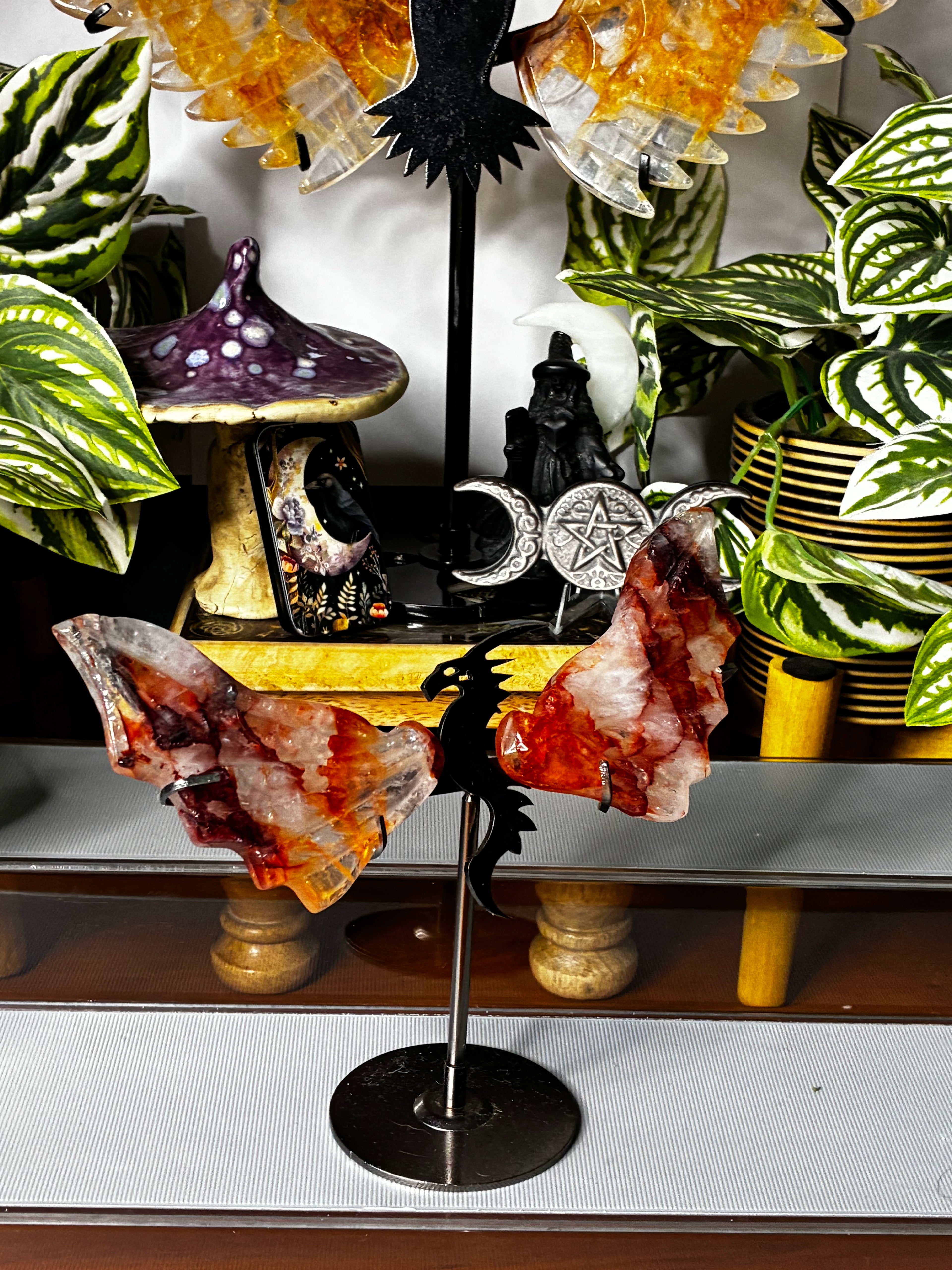 Fire Quartz Dragon Wing Set on Stand