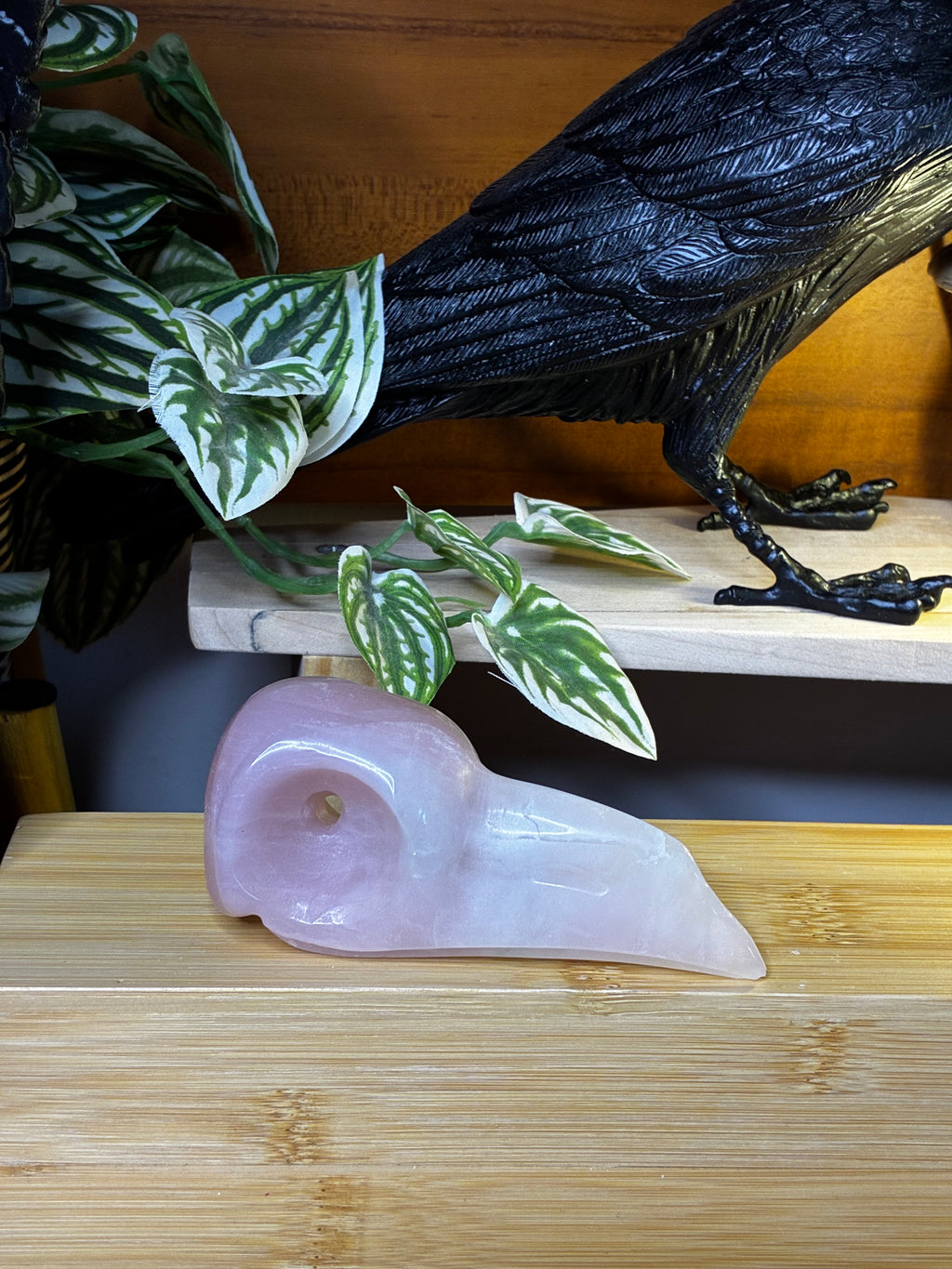 Rose Quartz Raven Skull