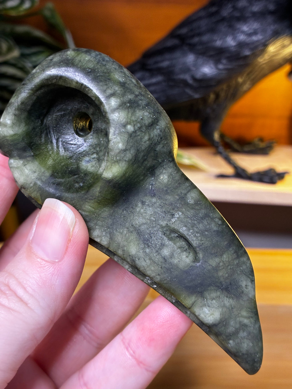 Serpentine Jade Raven Skull