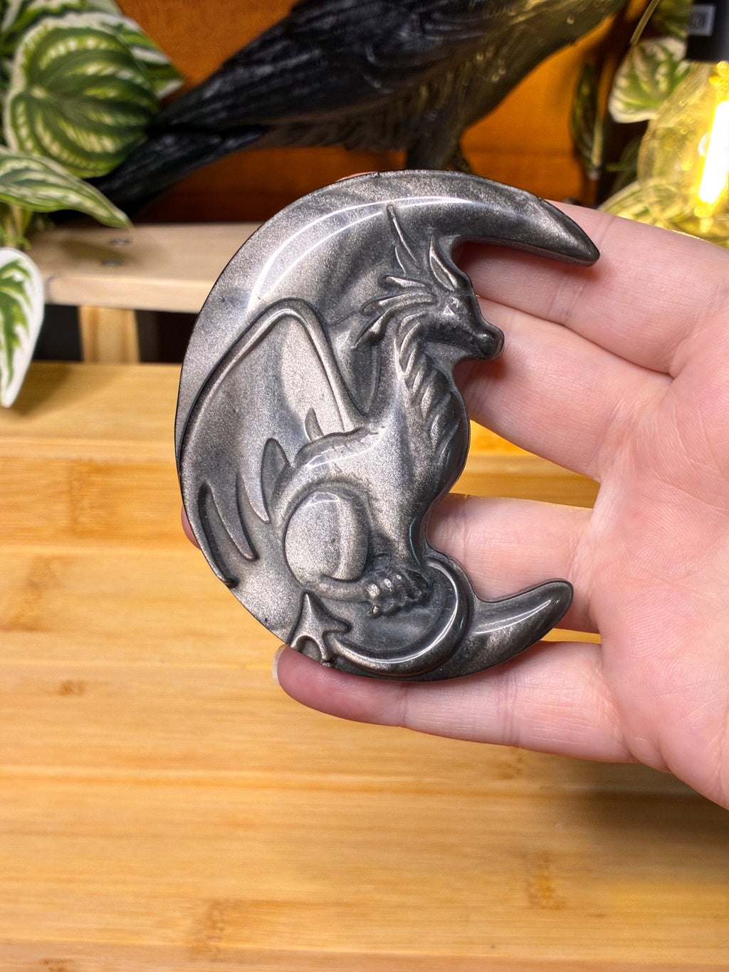 Silver Sheen Obsidian Dragon on Moon Carving