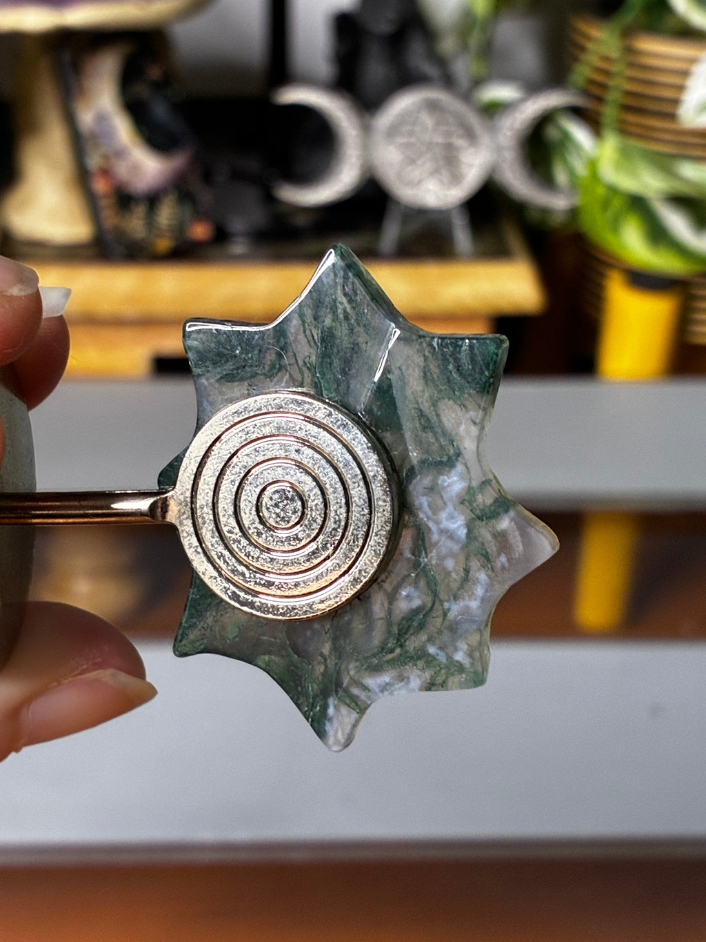 Moss Agate Spider Web on Stand