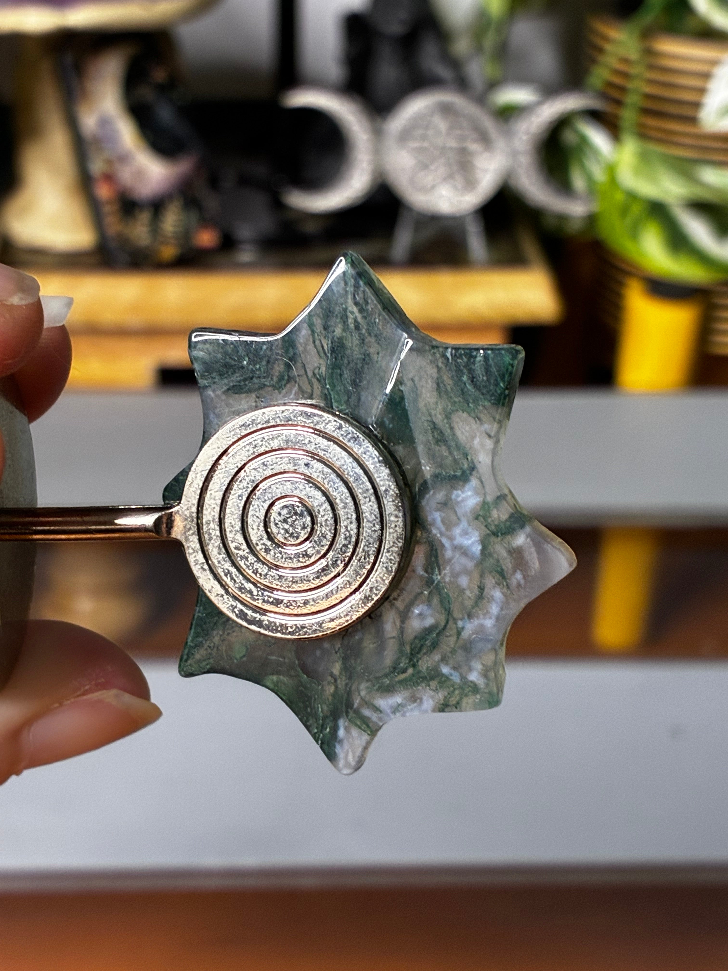 Moss Agate Spider Web on Stand