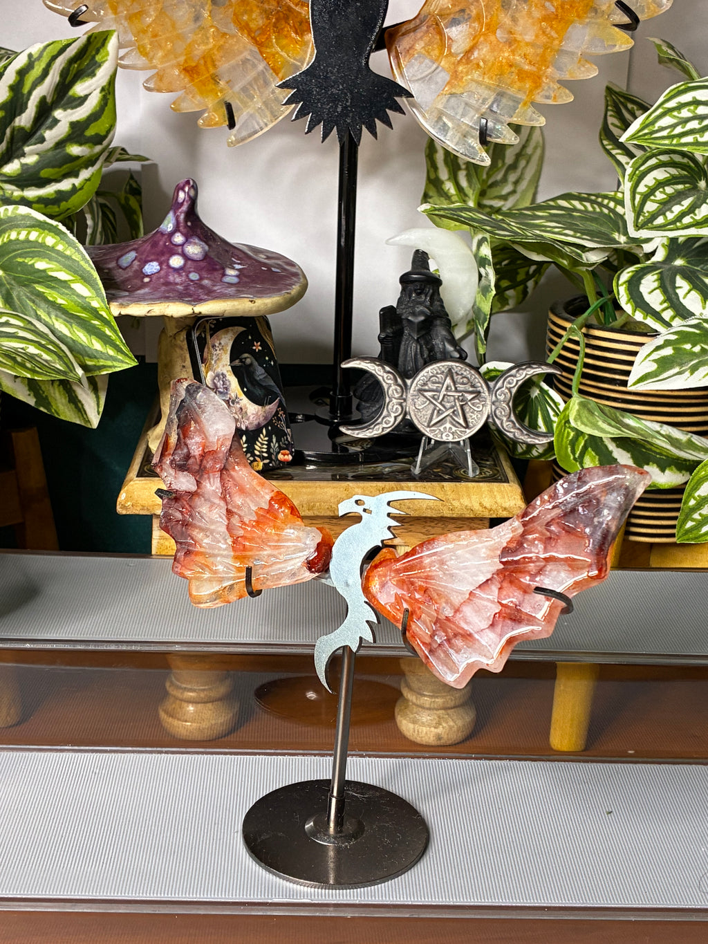 Fire Quartz Dragon Wing Set on Stand