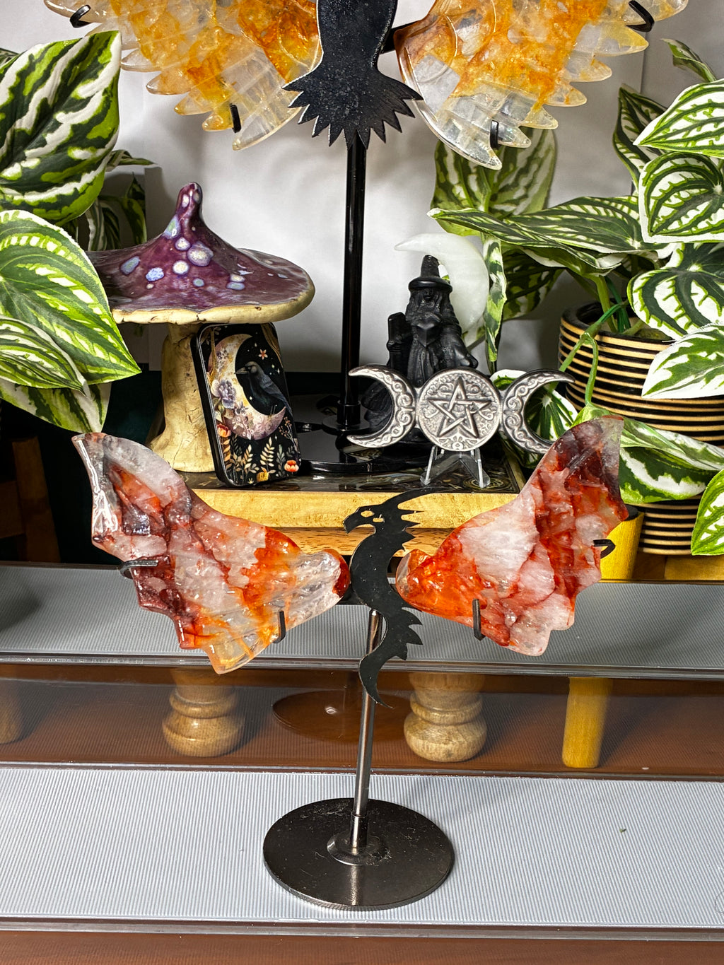 Fire Quartz Dragon Wing Set on Stand