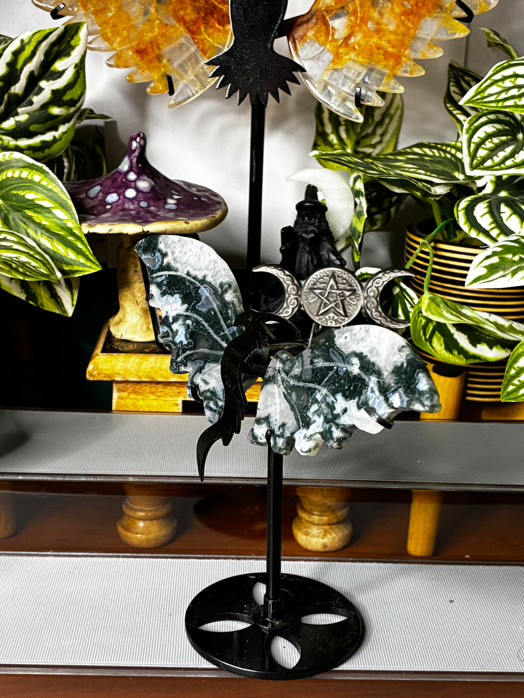 Moss Agate Dragon Wing Set on Stand