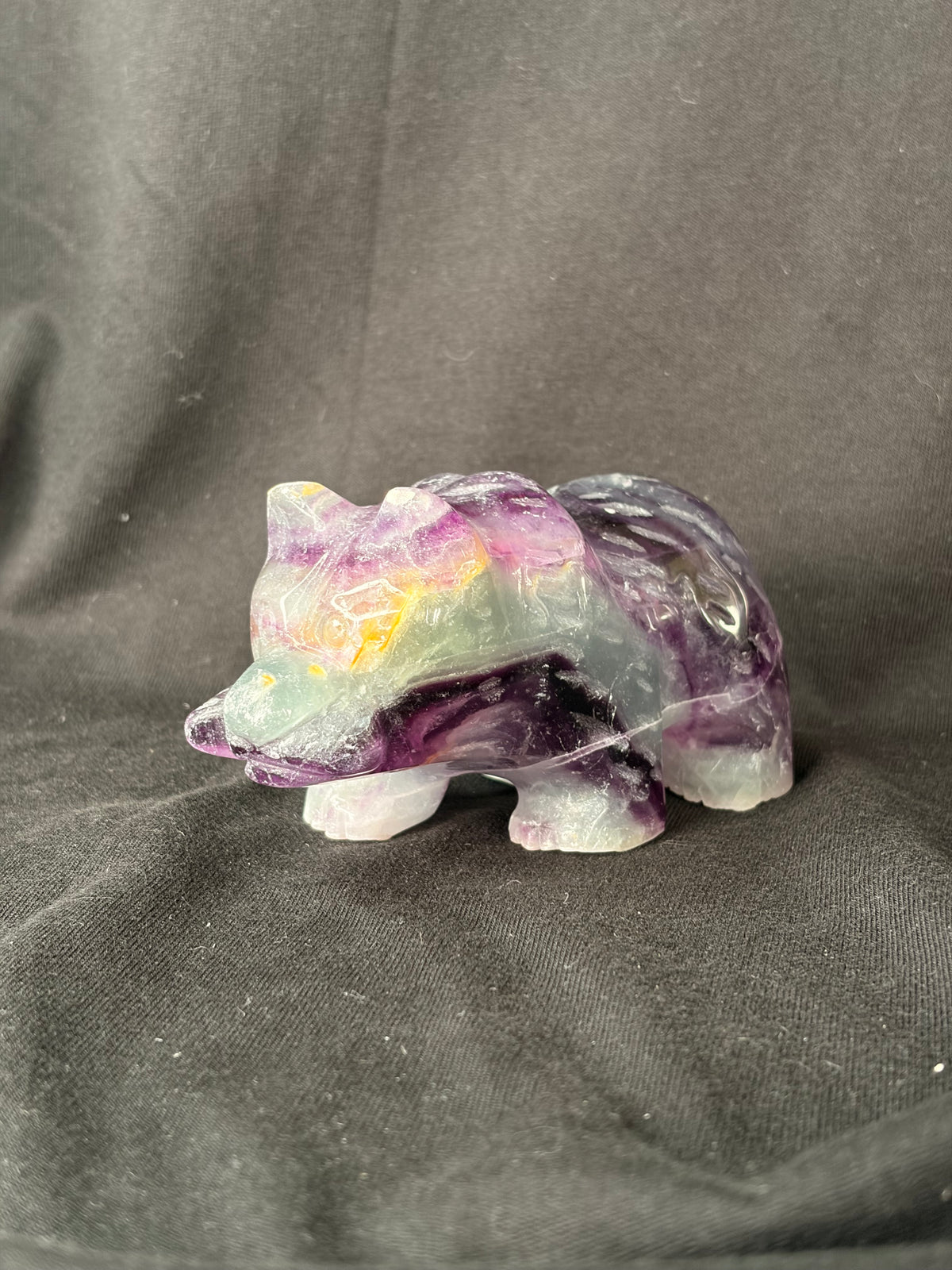 Rainbow Fluorite Bear Carving