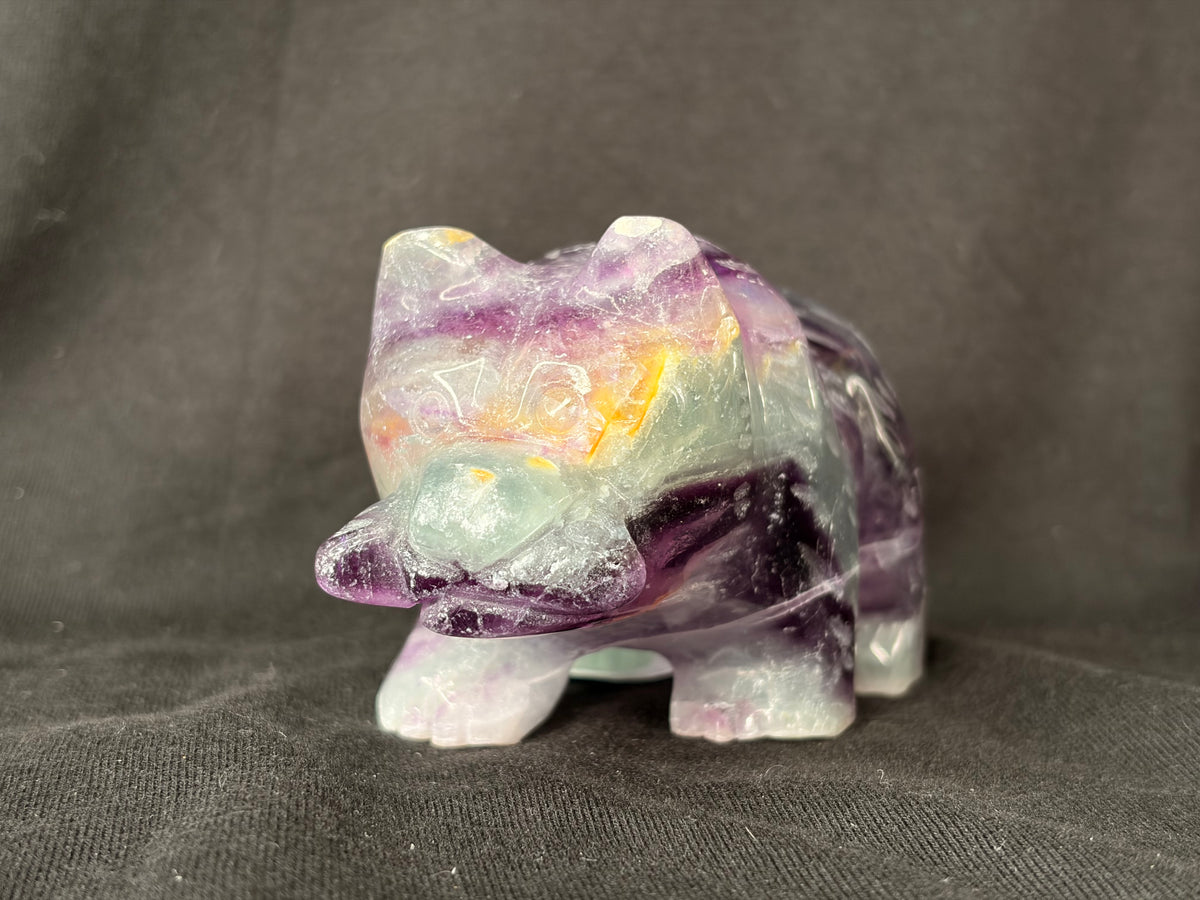 Rainbow Fluorite Bear Carving