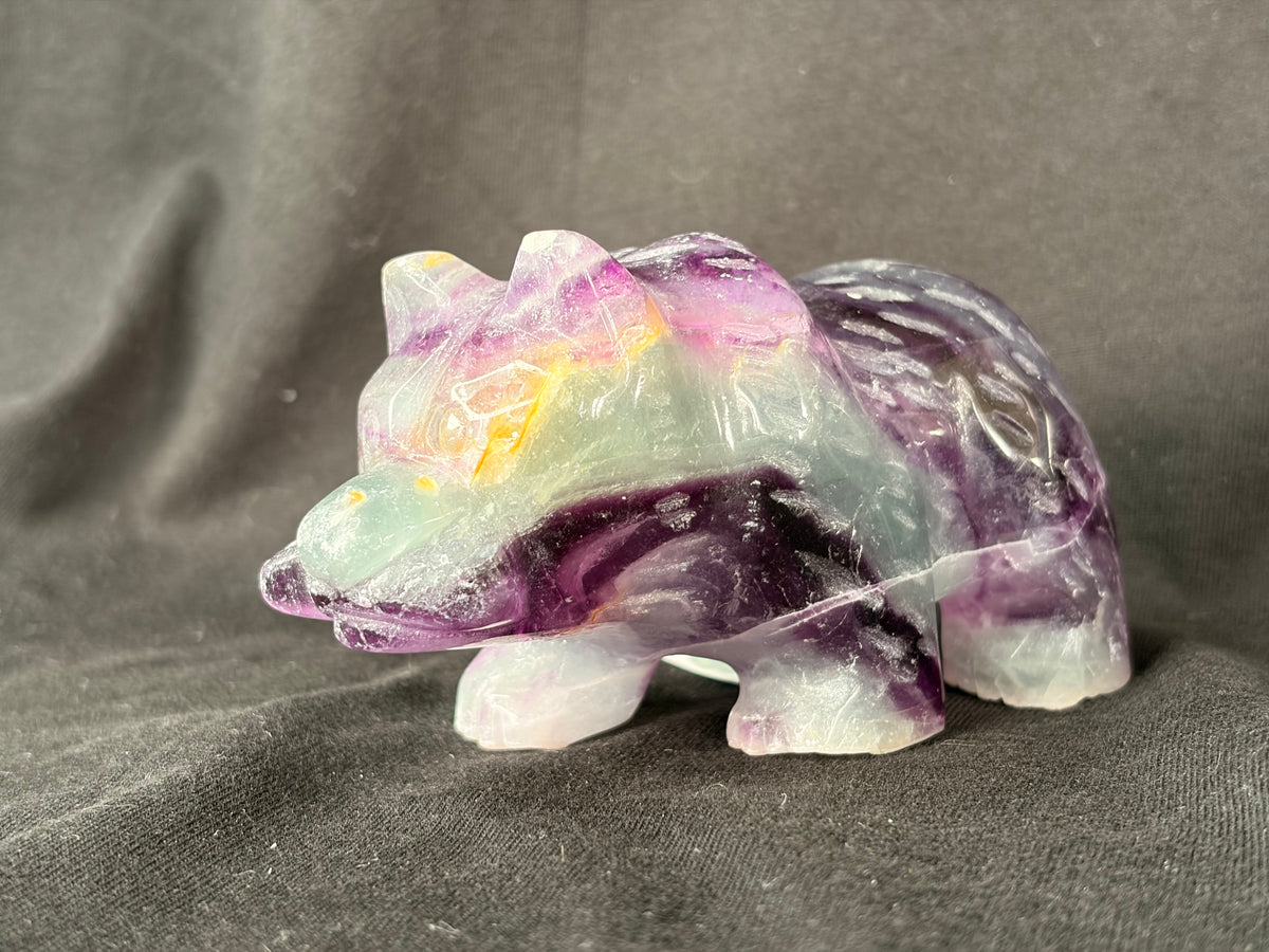 Rainbow Fluorite Bear Carving