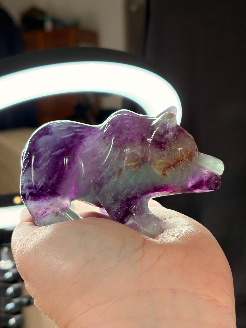 Rainbow Fluorite Bear Carving