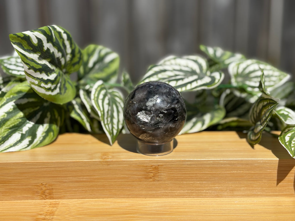 Green Mica Sphere with Black Tourmaline