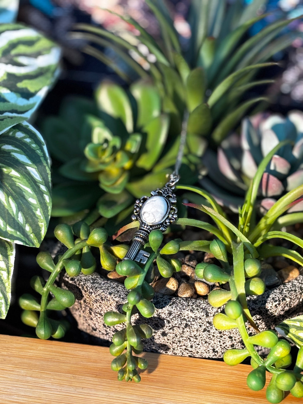 Howlite Key Pendant on 925 Sterling Silver Chain