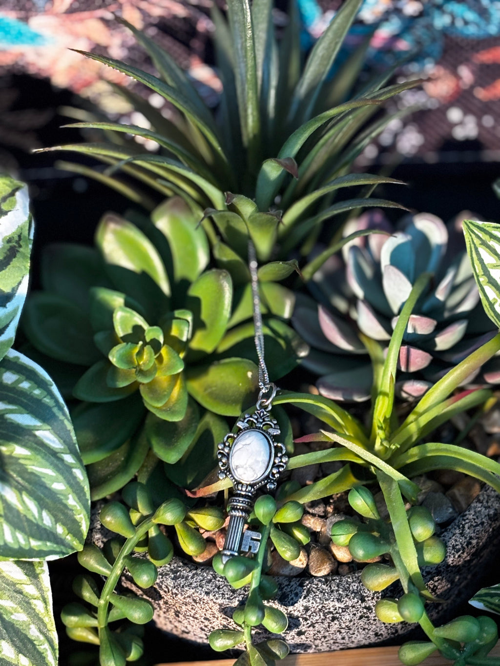 Howlite Key Pendant on 925 Sterling Silver Chain