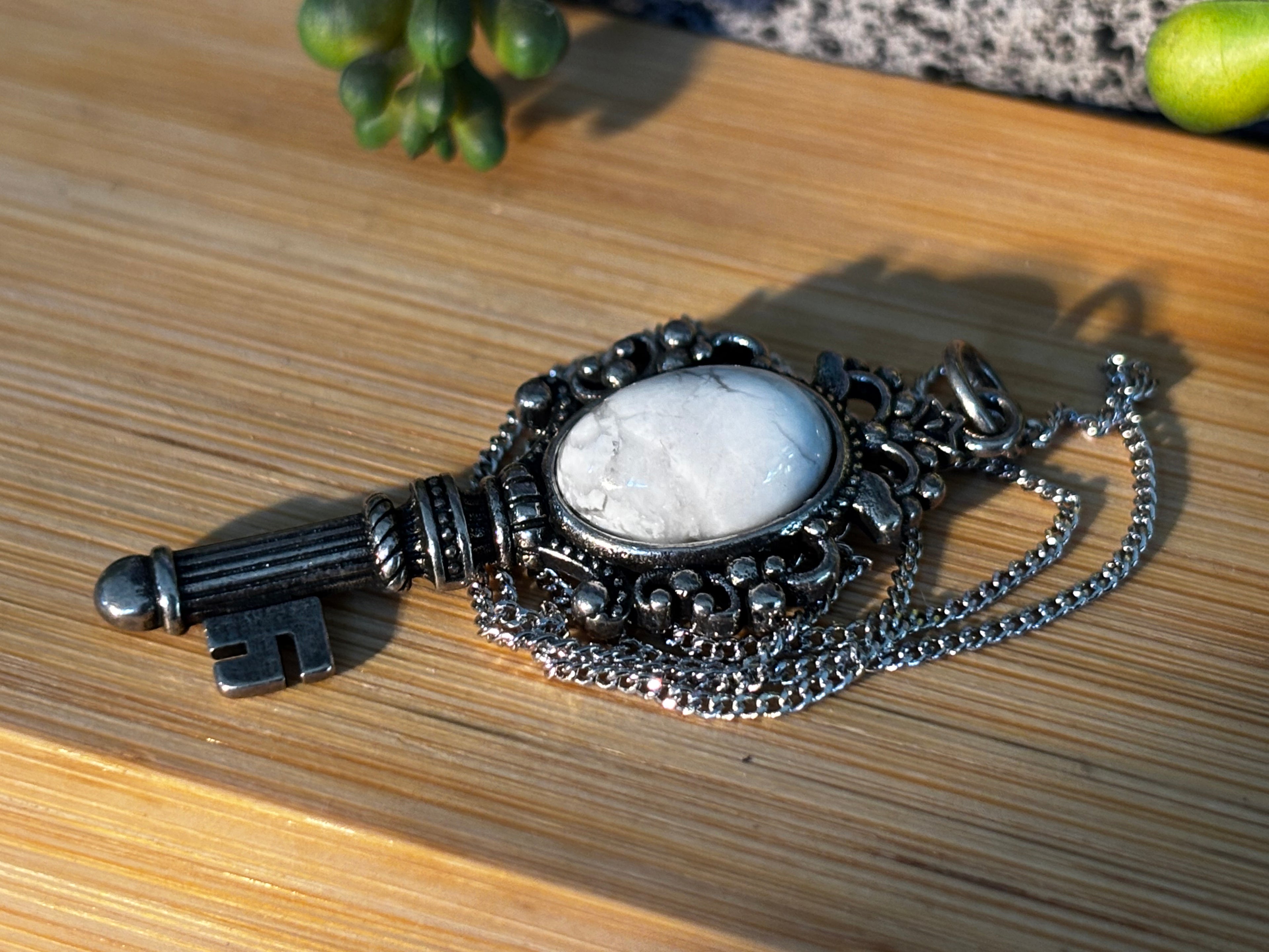 Howlite Key Pendant on 925 Sterling Silver Chain